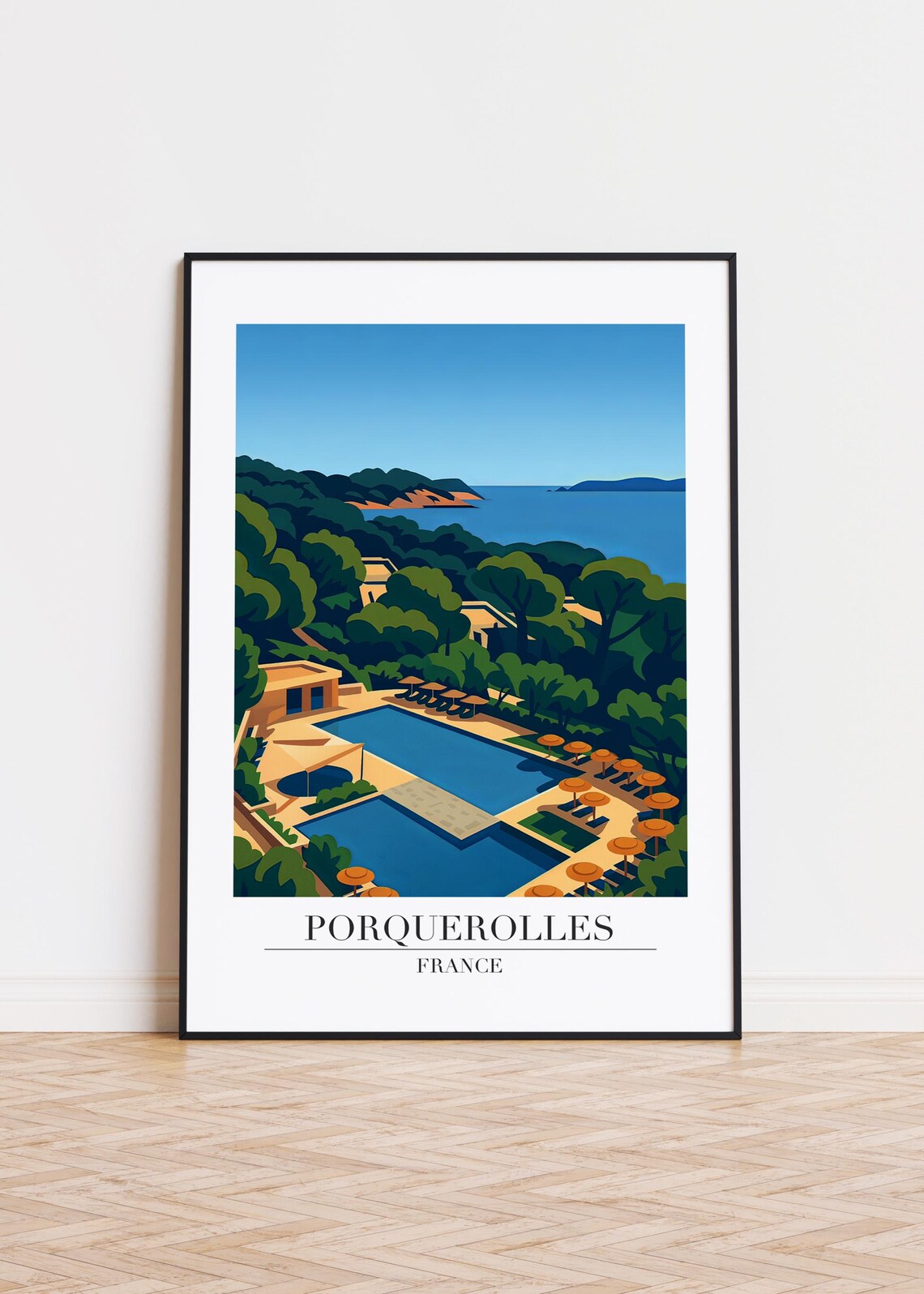 Porquerolles France Resort Pool Pines Mediterranean Retro Travel Poster