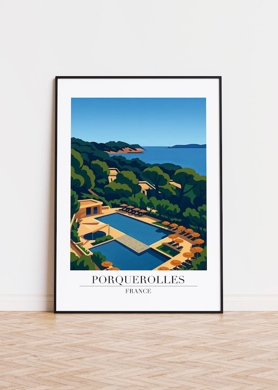 Porquerolles France Resort Pool Pines Mediterranean Retro Travel Poster