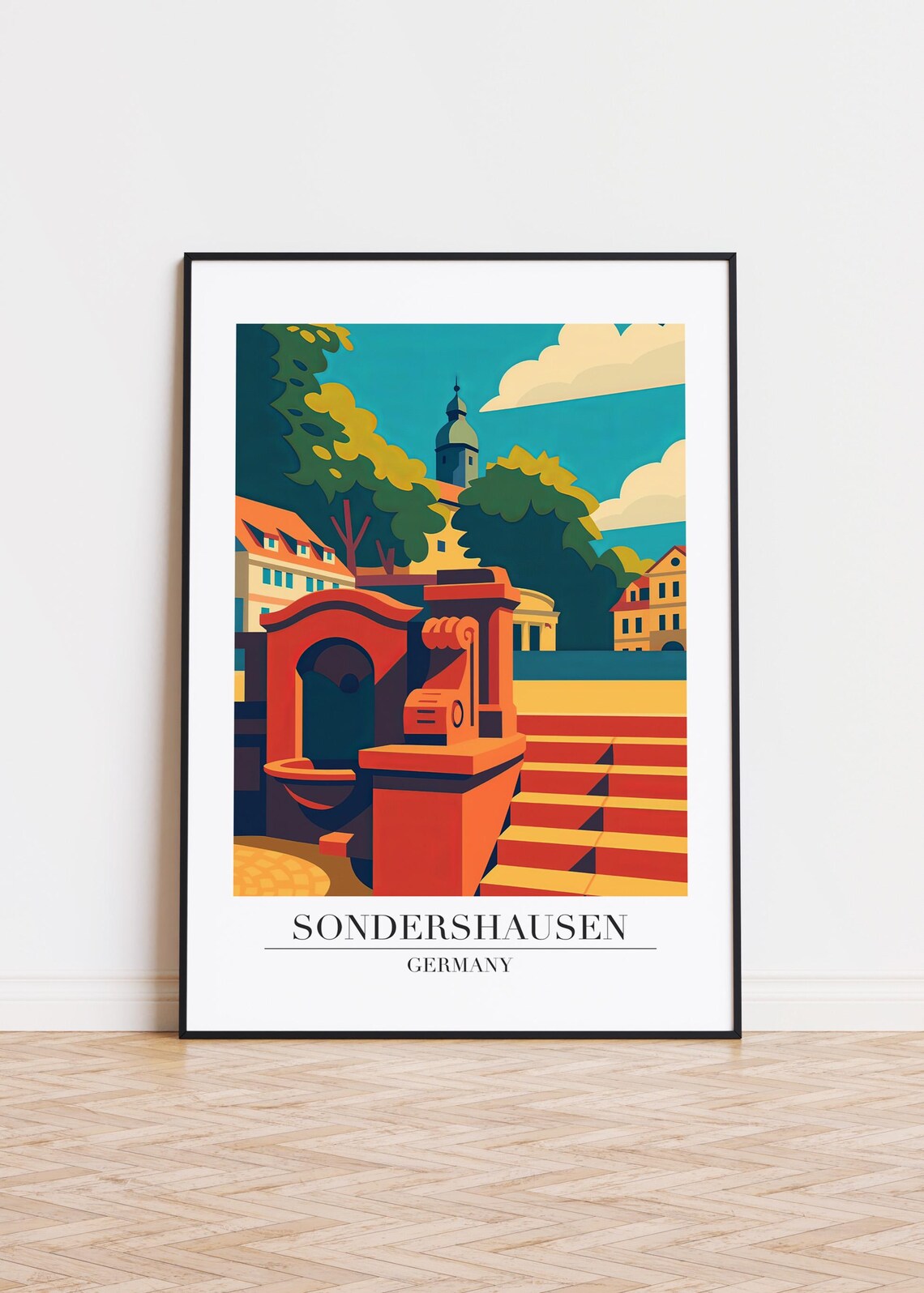 Sondershausen Germany Red Stone Fountain Steps City Illustration Poster