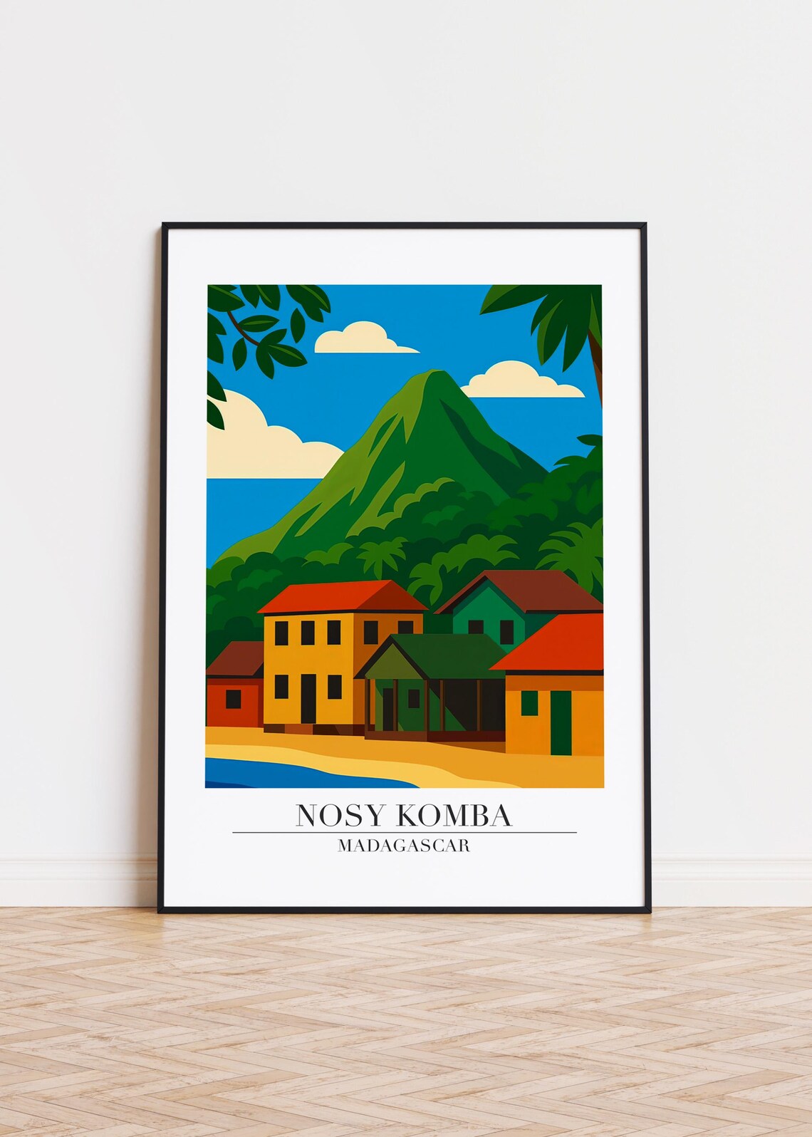 Nosy Komba Madagascar Colorful Village Beach Mountain Travel Poster