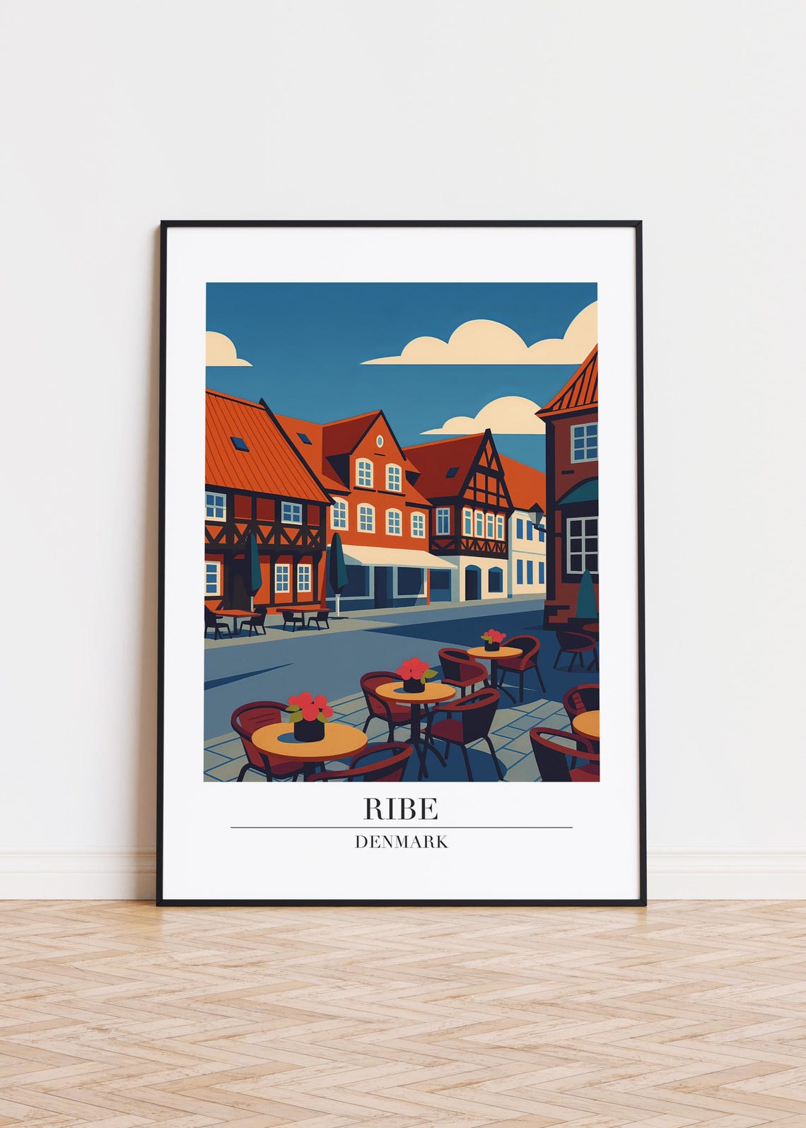 Ribe Denmark Half Timbered Houses Old Town Cafe Square Travel Poster