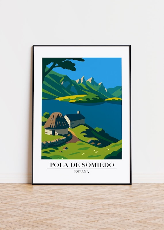 Pola de Somiedo Espana Mountain Lake Village Scenic Travel Poster