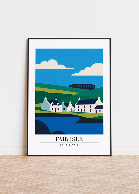 Fair Isle Scotland White Island Cottages Coastal Travel Art Poster