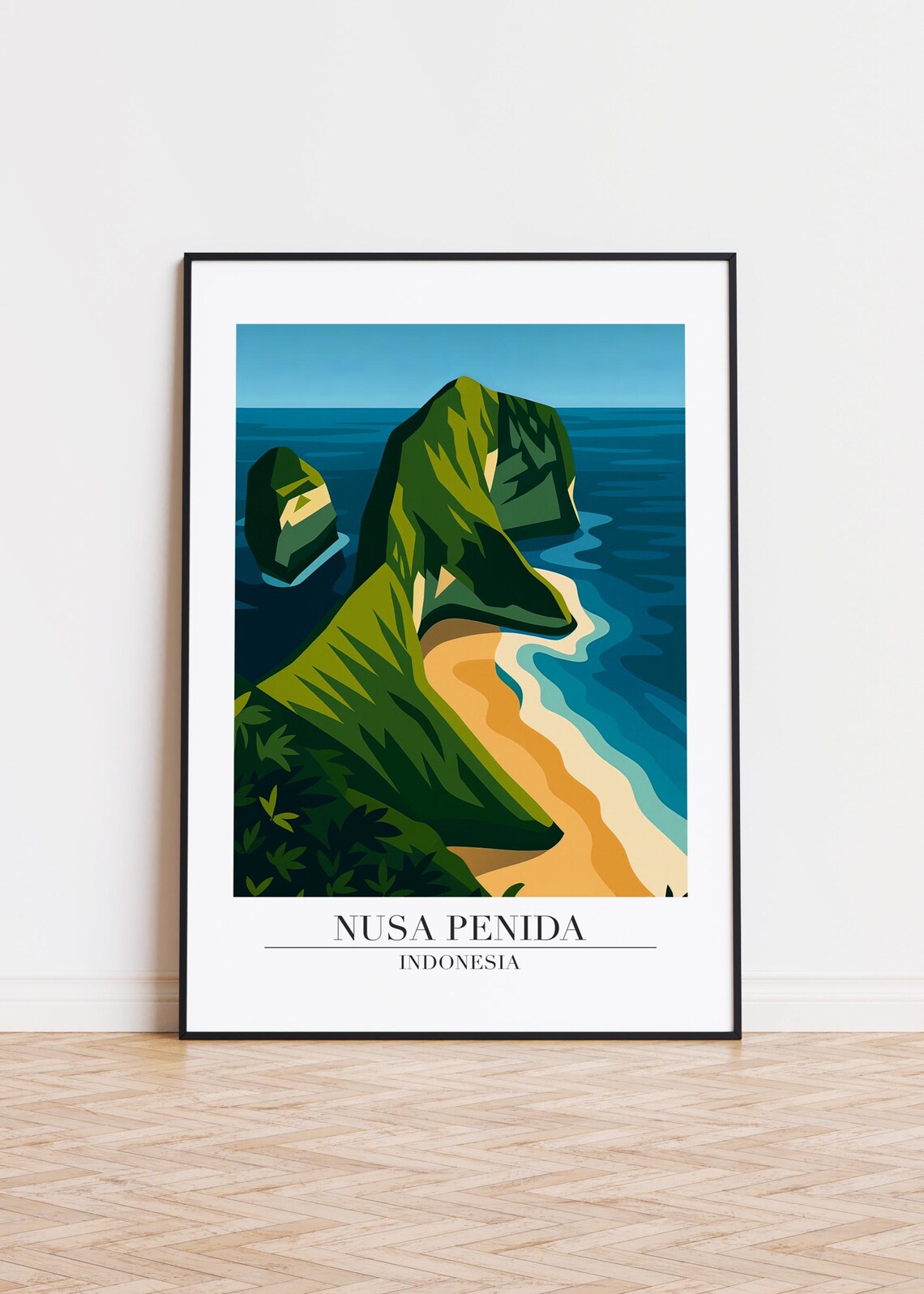 Nusa Penida Indonesia Dramatic Green Cliffs Beach Cove Travel Poster