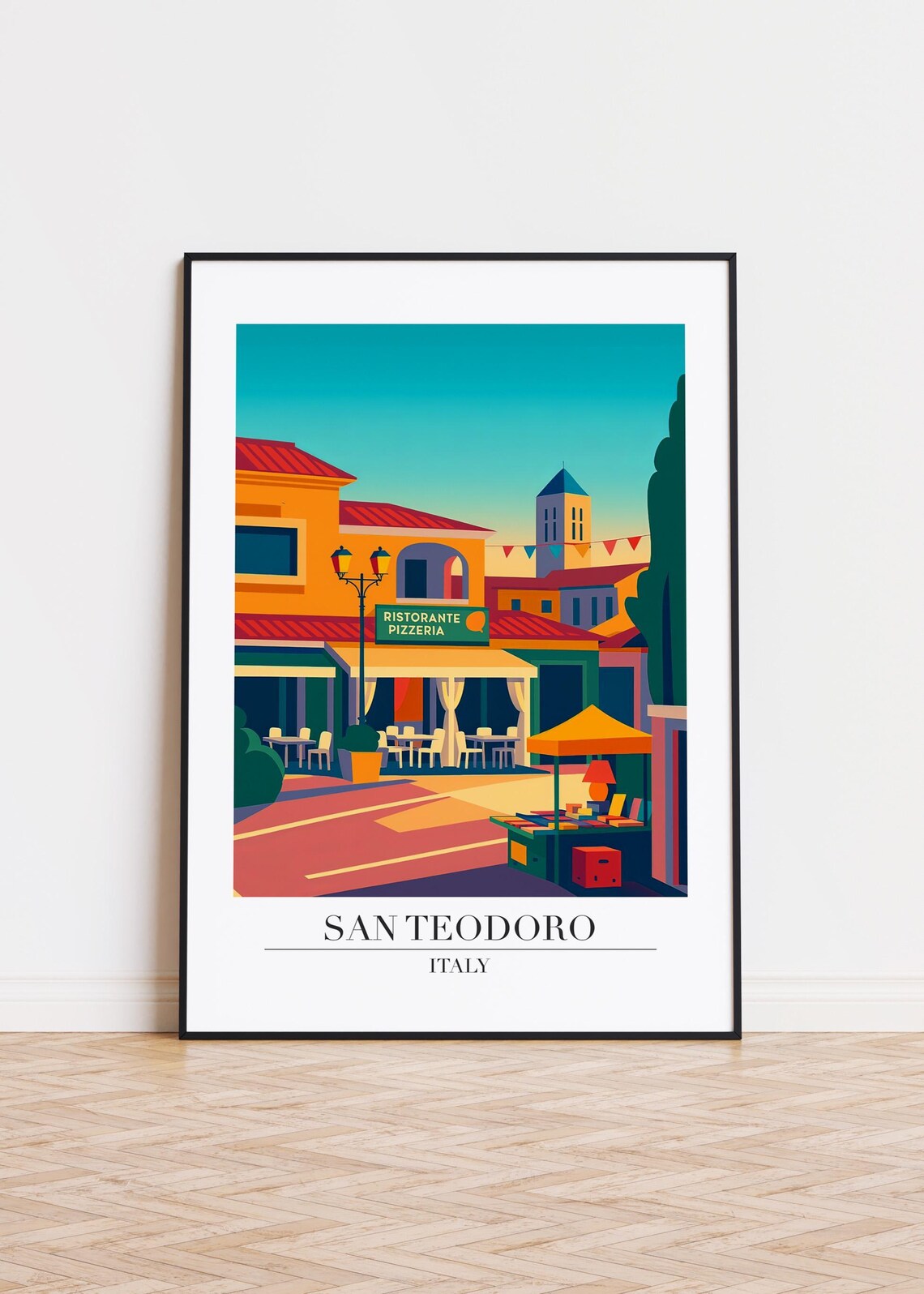 San Teodoro Italy Ristorante Pizzeria Street Scene Travel Illustration Poster
