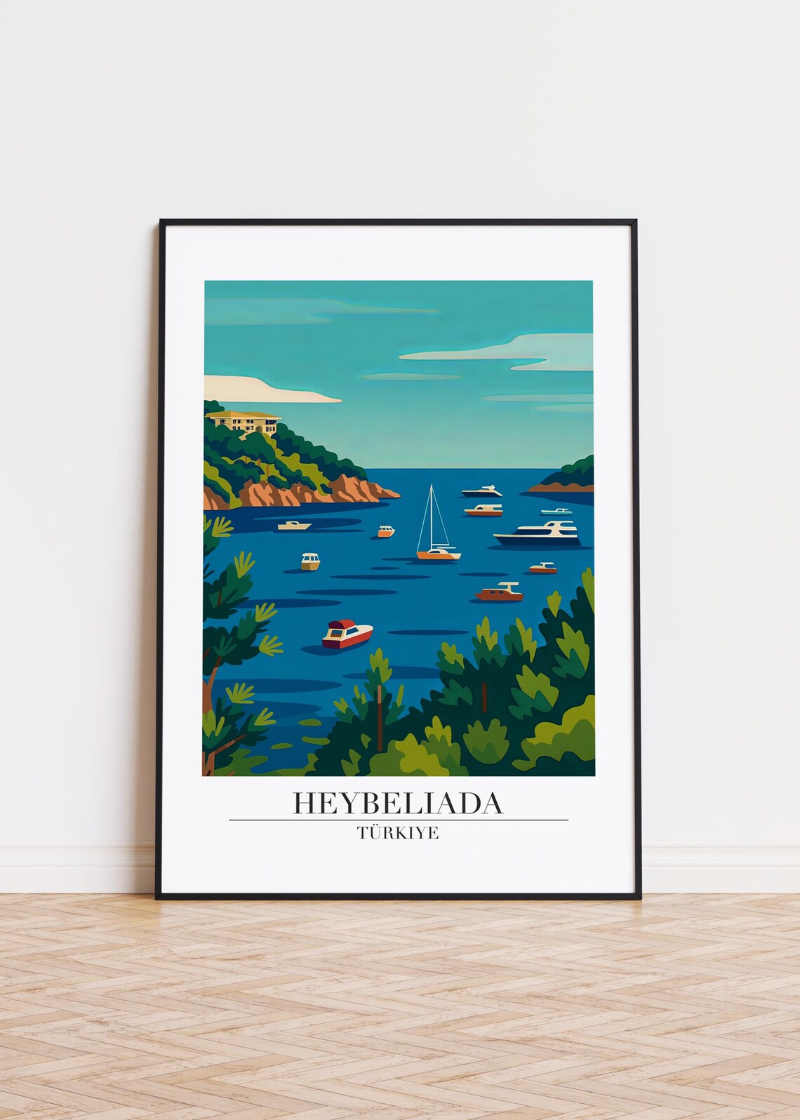 Heybeliada Turkiye Bay Boats Harbor View Colorful Travel Poster