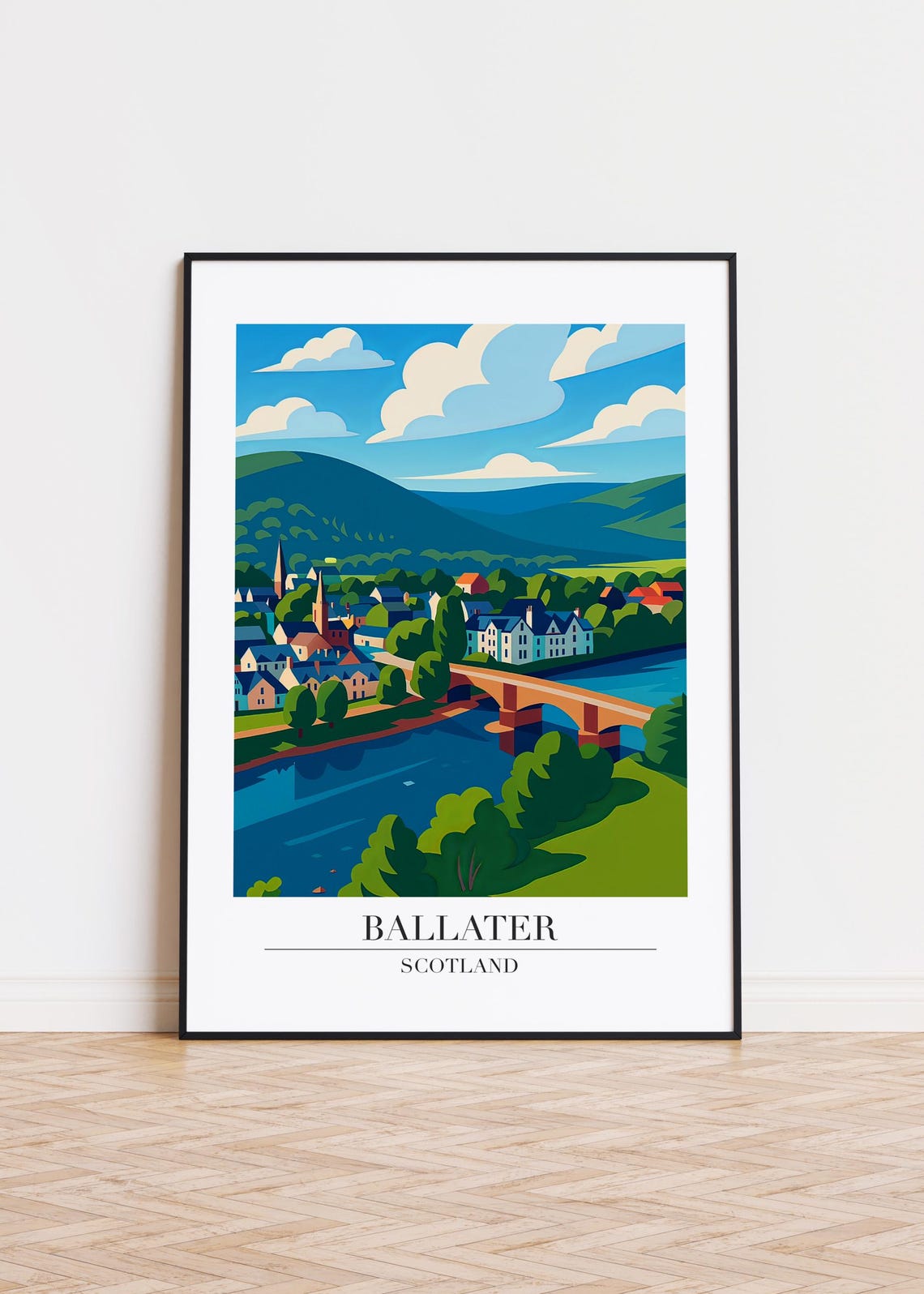 Ballater Scotland River Bridge Village Modern Travel Poster Art
