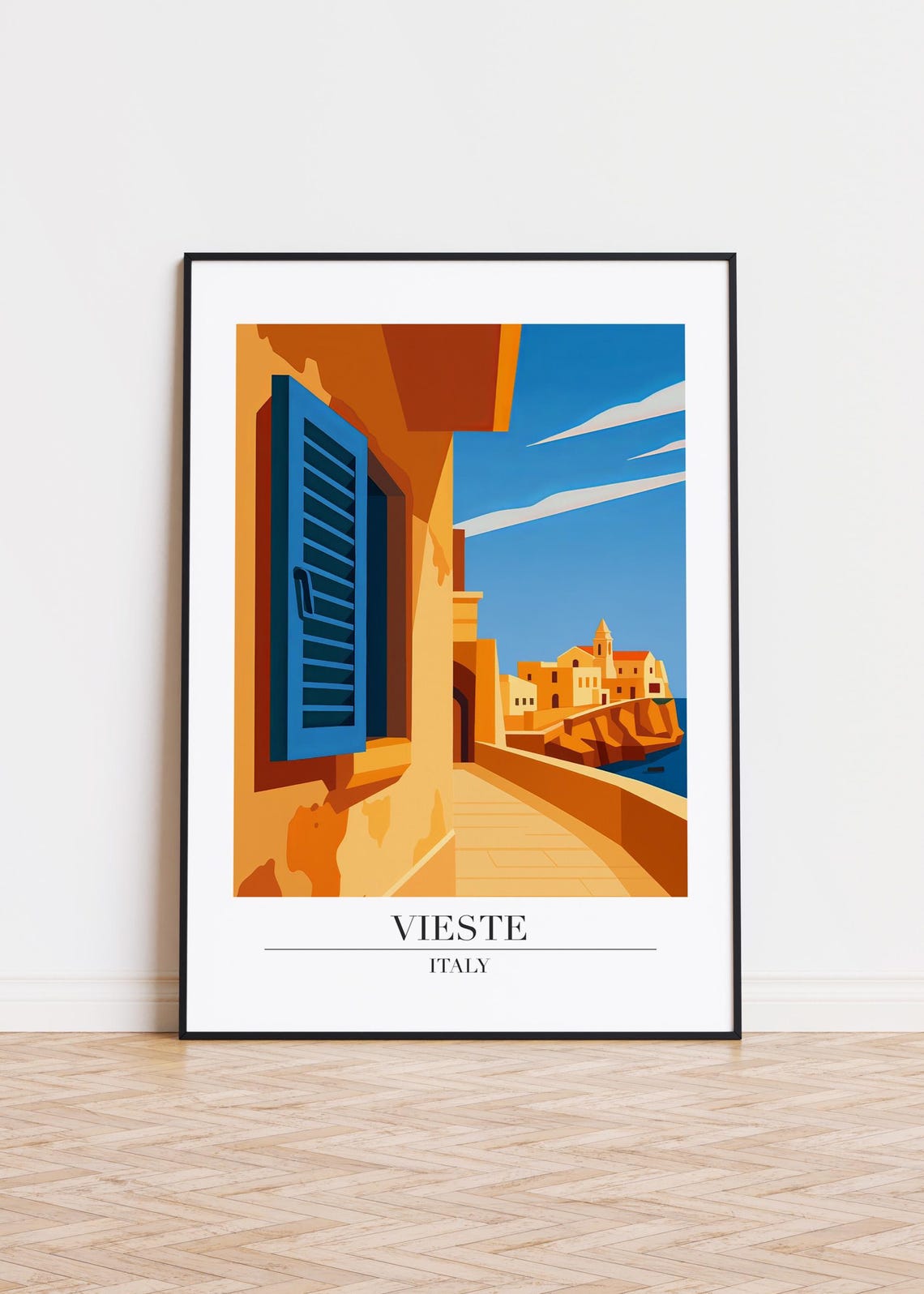 Vieste Italy Blue Shutters Coastal Old Town Travel Art Poster