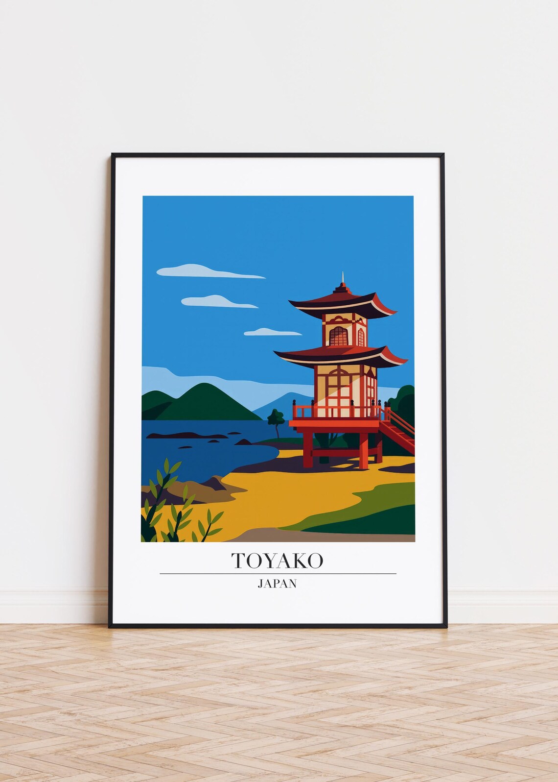 Toyako Japan Lakeside Pagoda Modern Illustration Travel Art Poster