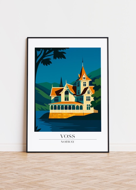 Voss Norway Lakeside Villa Red Roof Mountains Scandinavian Travel Poster