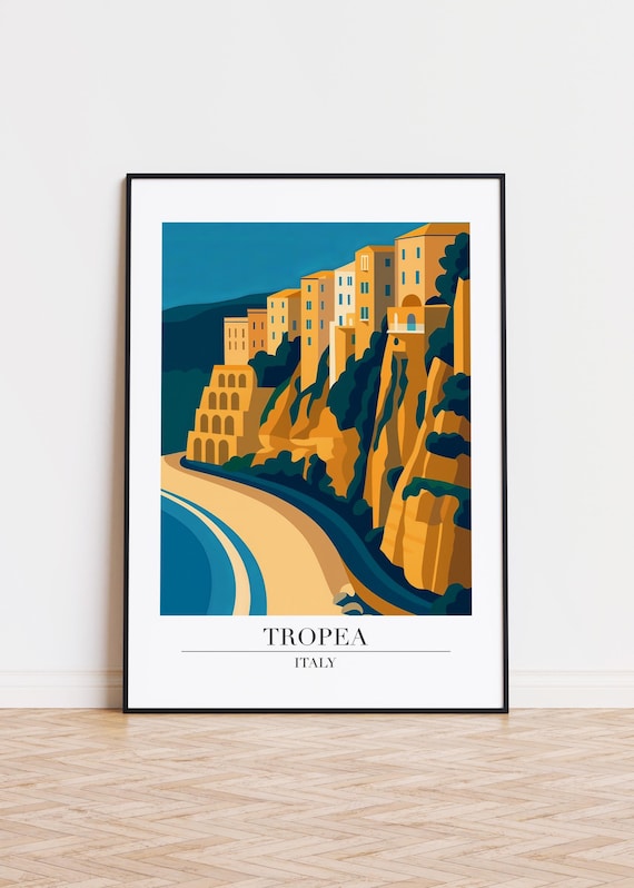 Retro Tropea Italy Coastal Cliff Town Vintage Travel Art Poster