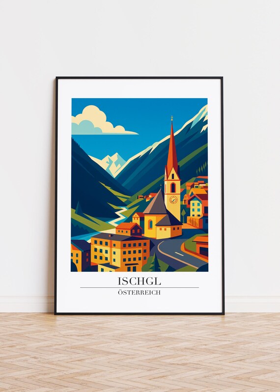 Ischgl Austria Alpine Church Night Travel Poster Blue Mountain Town Art