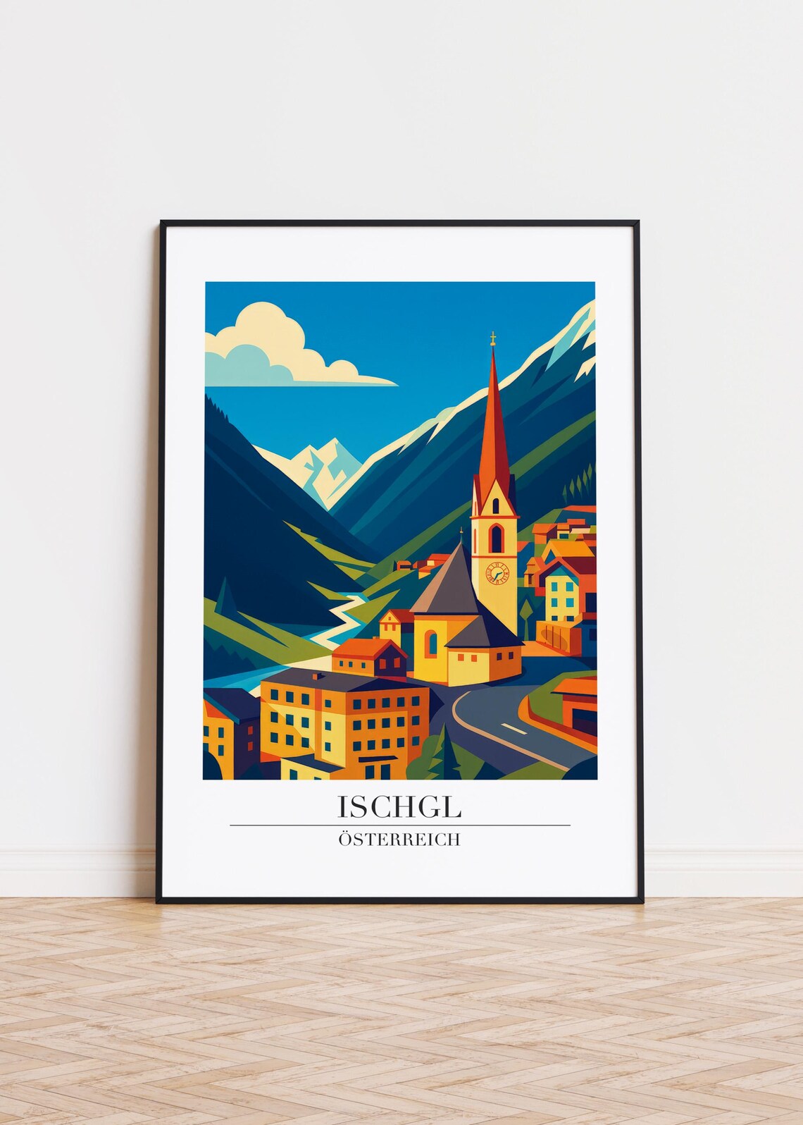 Ischgl Austria Alpine Church Night Travel Poster Blue Mountain Town Art