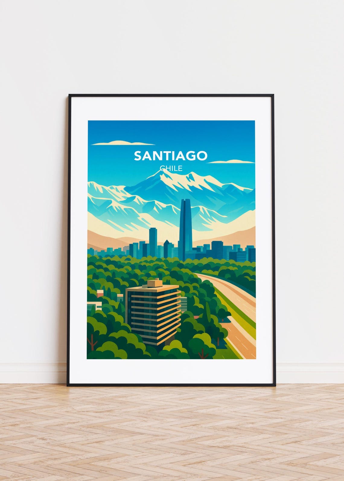 Santiago Chile Andes Mountains Skyline Modern Travel Art Poster