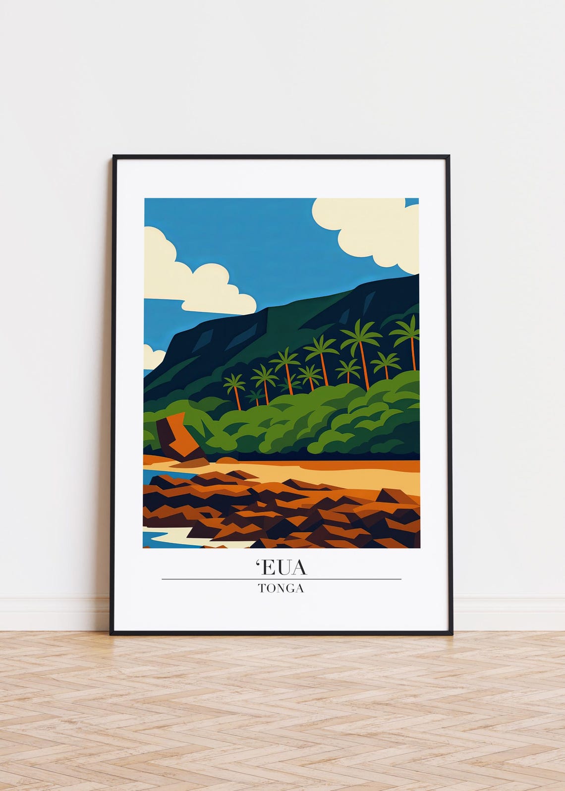Eua Tonga Rocky Coast Palm Cliffs Lush Tropical Shores Travel Poster