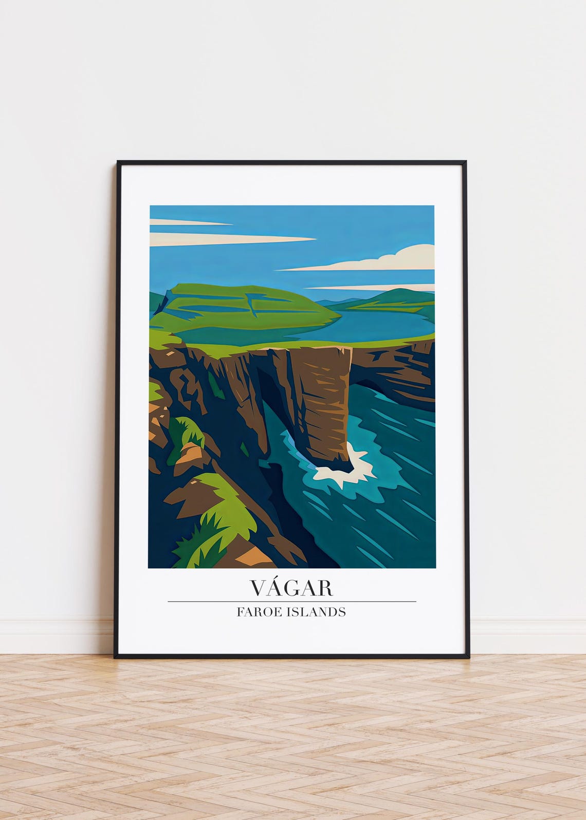 Vagar Dramatic Sea Cliffs Faroe Islands Bold Modern Travel Poster