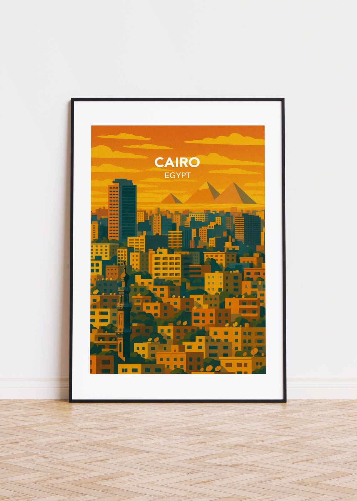 Cairo Egypt Sunset Pyramids Golden Cityscape Illustration Poster