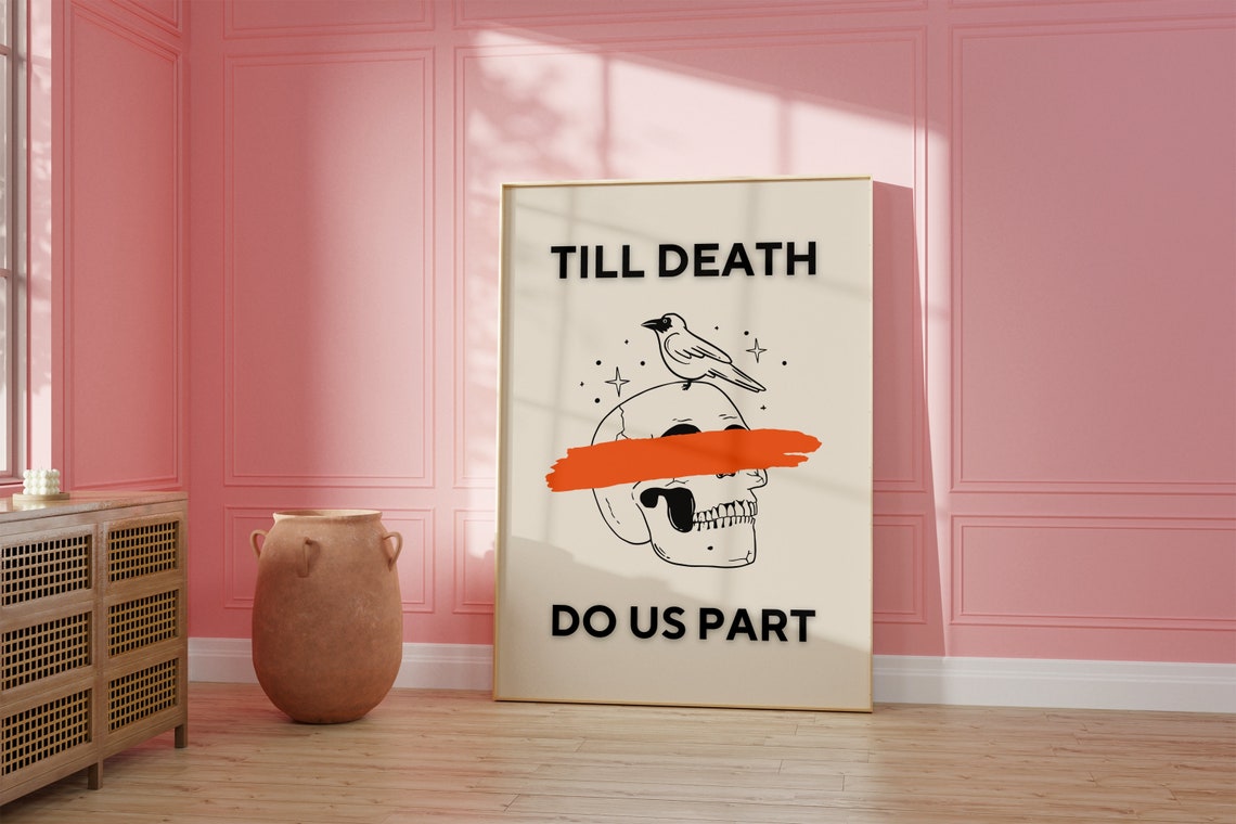Till Death Do Us Part Skull and Crow Orange Halloween Wall Poster - Image 2