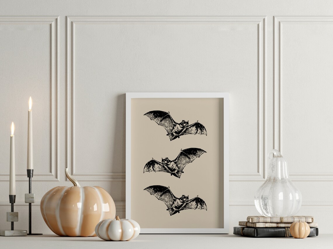 Vintage Engraved Bats Trio Beige Dark Academia Halloween Art Poster - Image 2