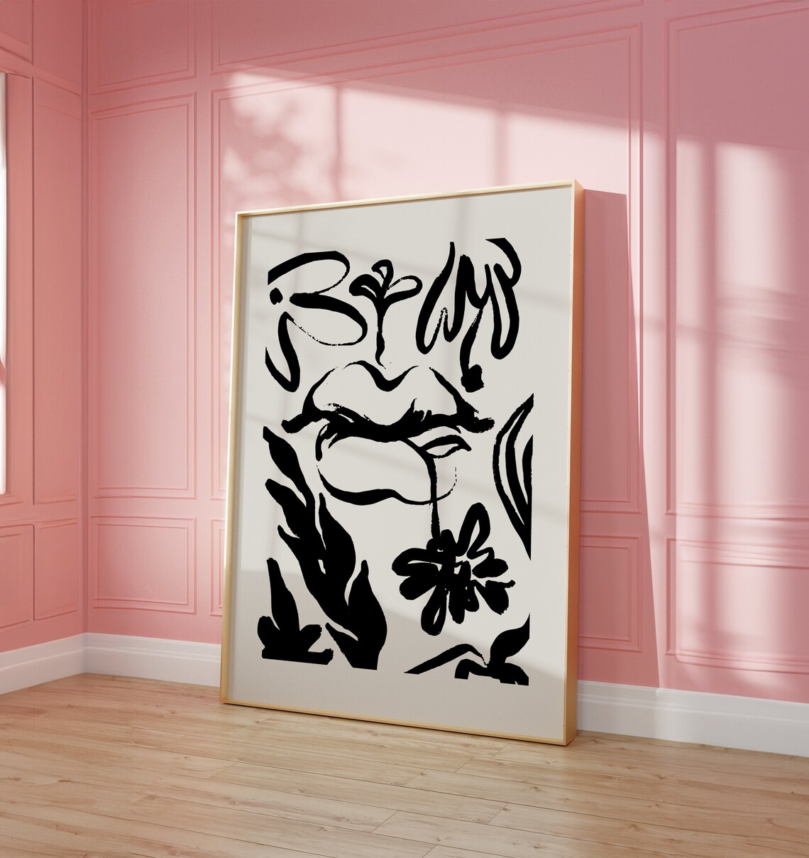 Abstract Lips And Flowers Black Brushstroke Eclectic Art Poster - Image 3