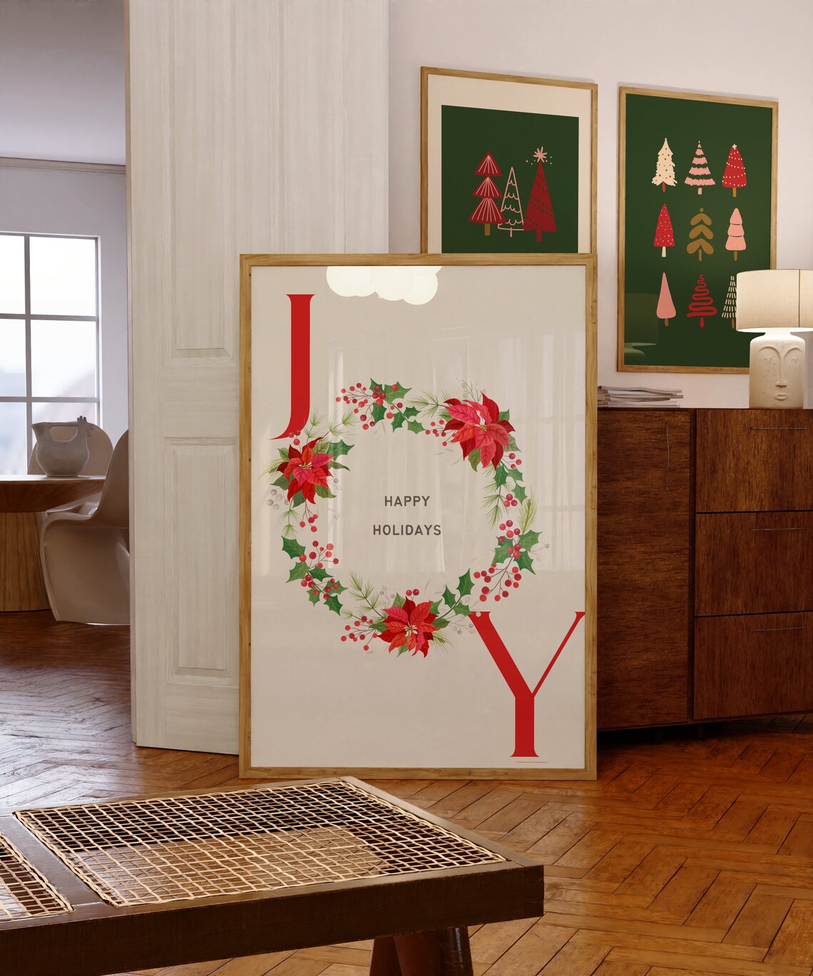 Joy Happy Holidays Floral Wreath Christmas Botanical Art Poster - Image 3