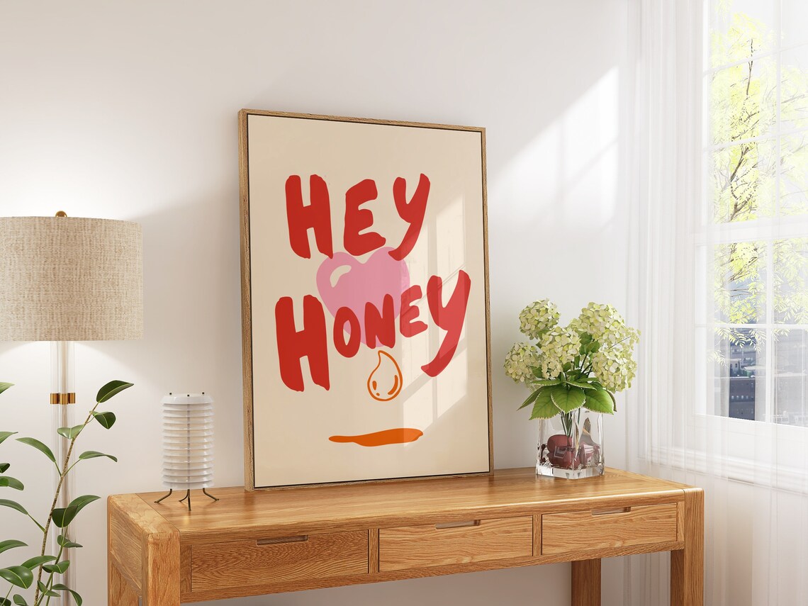 Hey Honey Red Brush Heart Honey Drip Cute Love Quote Typography Poster - Image 2
