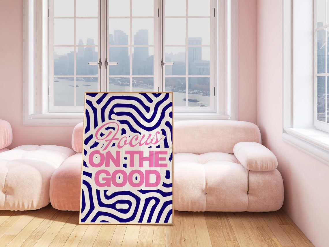 Focus On The Good Navy Pink Funky Retro Positivity Quote Poster - Image 3