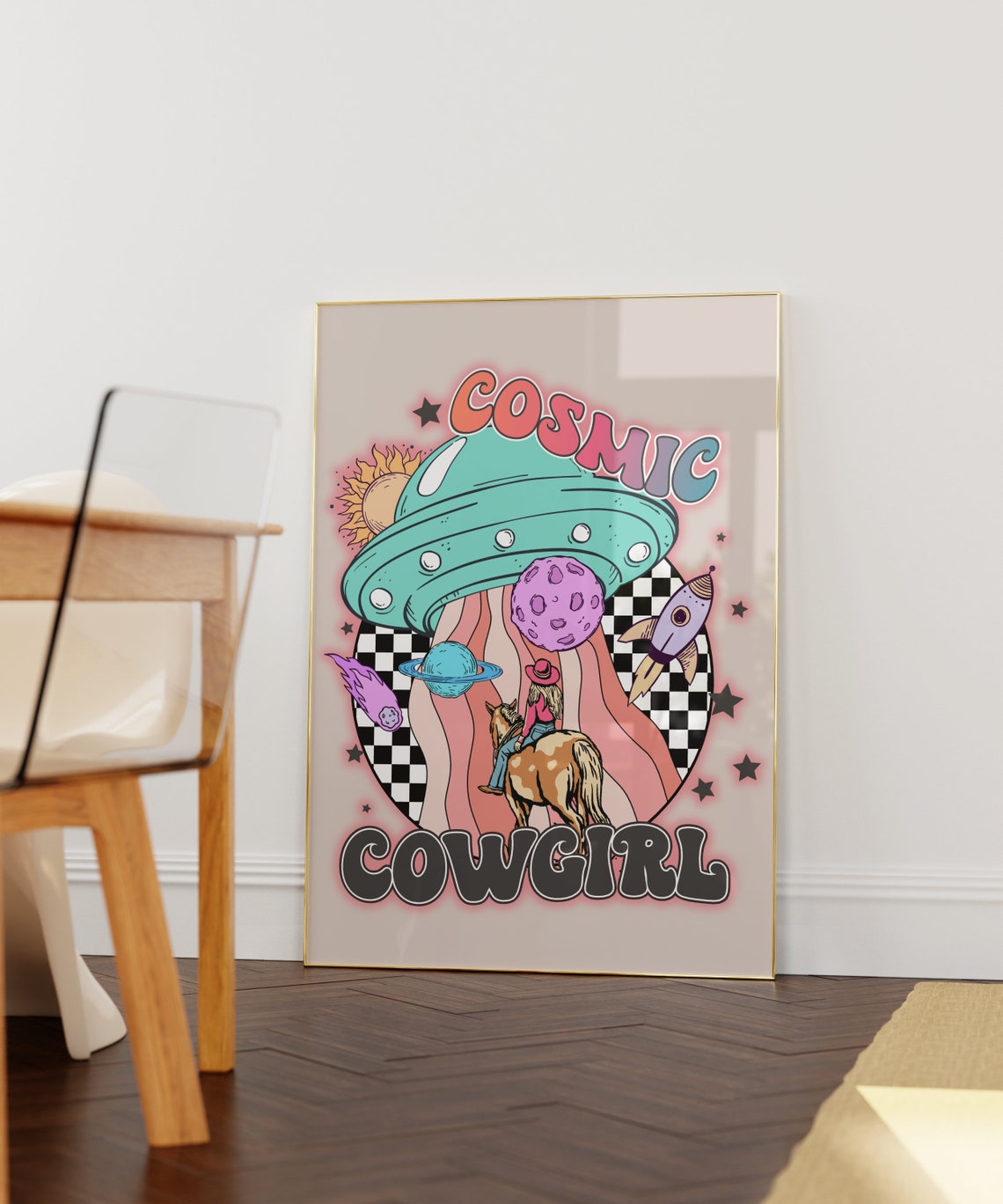 Cosmic Cowgirl Print Groovy Cowgirl On Horse Wall Art Trendy Prints Teal Colorful Poster Preppy Wall Art Cowgirl Print - Image 2