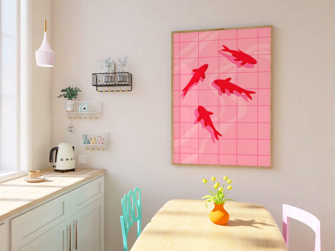 Red Fish Pink Tiled Pool Maximalist Pop Art Kitchen Decor Poster