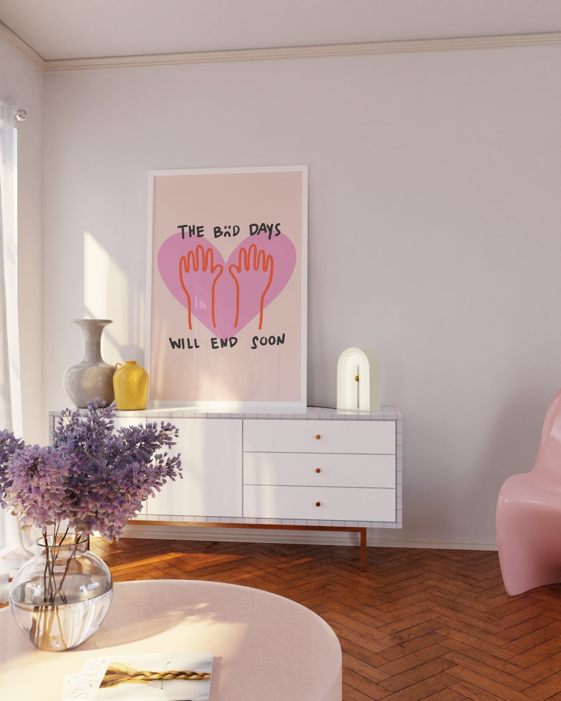 The Bad Days Will End Soon Pink Heart Mental Health Quote Art Poster - Image 3
