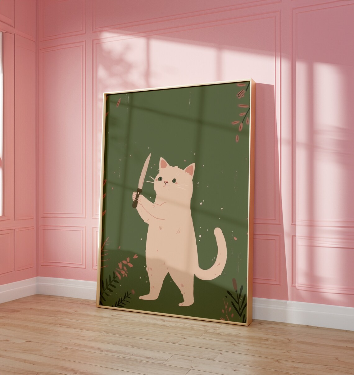 Cheeky Funny Knife Cat Sage Green Cute Cream Kitten Humor Poster - Image 2