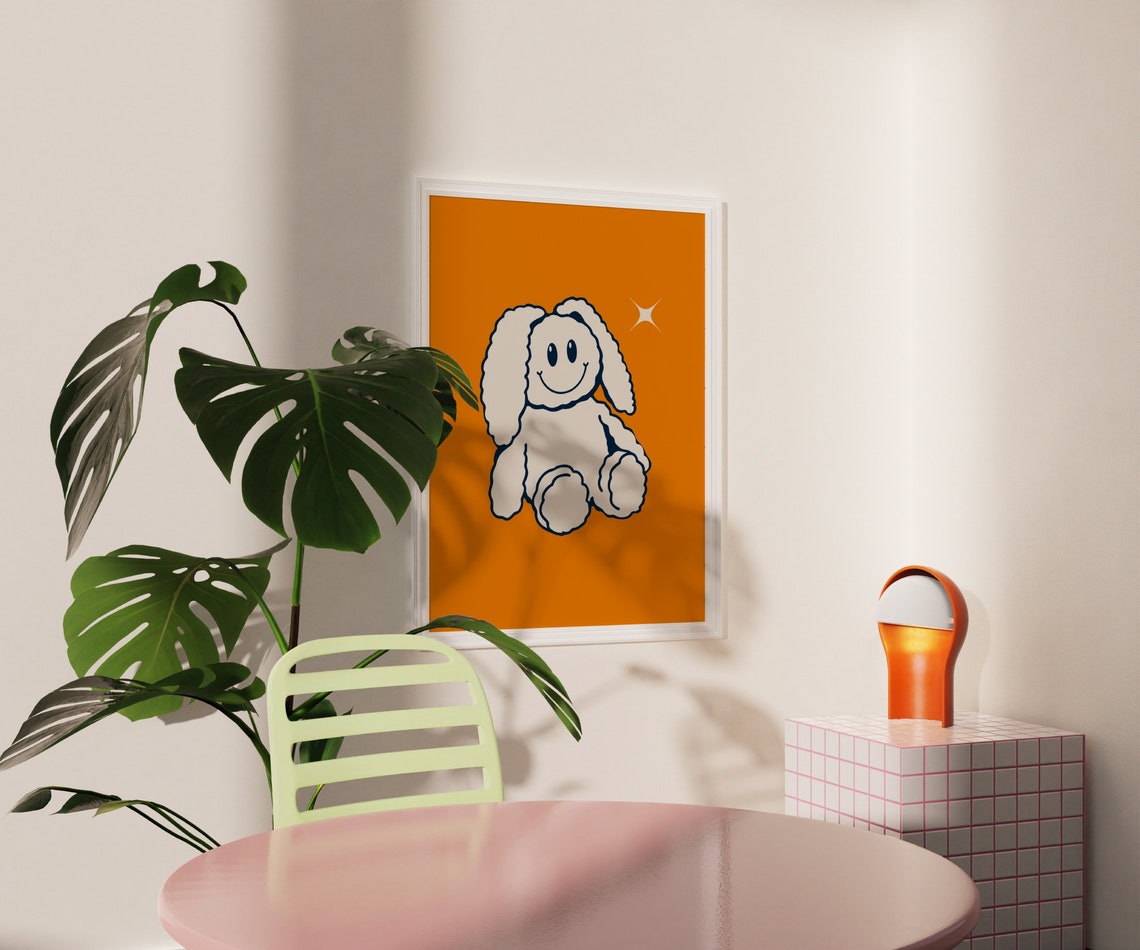 Cute Smiling Bunny Doll Orange Retro Nursery Animal Art Poster - Image 3