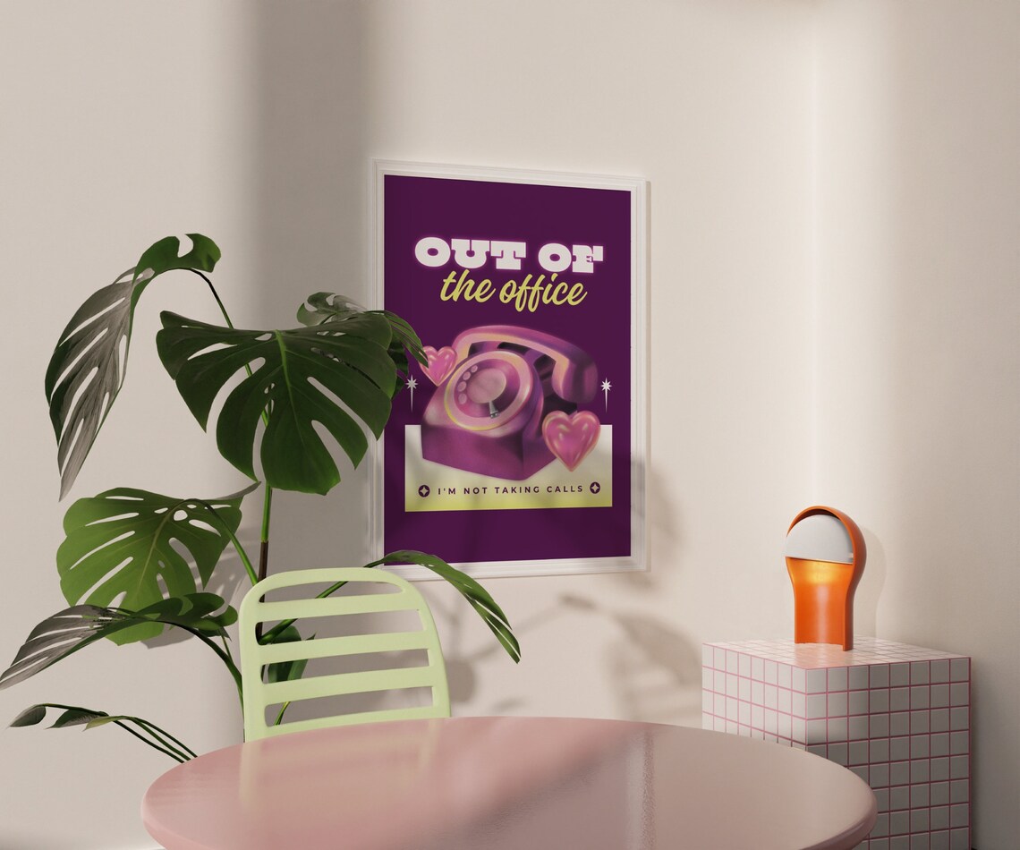 Out Of The Office Retro Phone Purple Funny Work Boundary Poster - Image 3