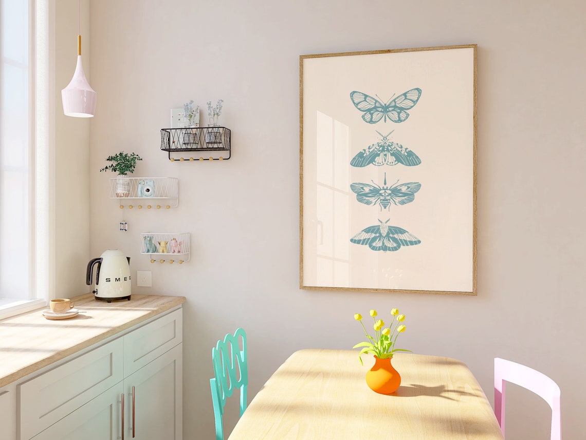 Blue Butterfly Stack Pastel Moth Line Art Cute Nursery Poster - Image 3