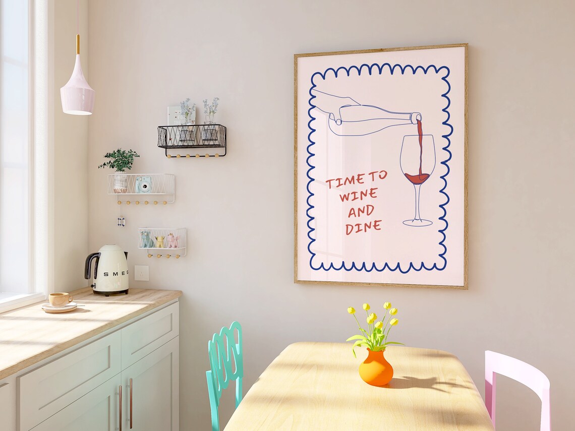 Time To Wine And Dine Hand Drawn Wine Pour Kitchen Art Poster - Image 3
