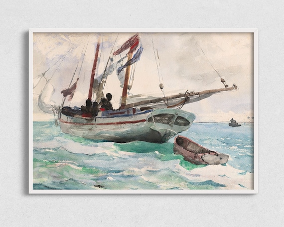 Fishing Sloop Bright Sea Watercolor Vintage Nautical Boat Art Print