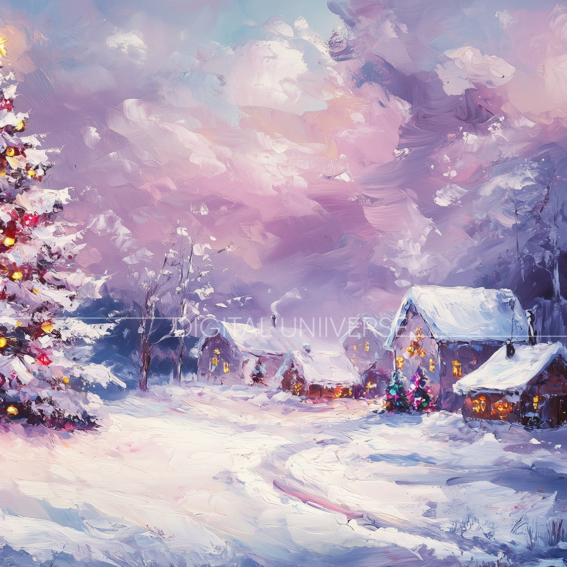 Decorated Christmas Tree in Snowy Village Purple Twilight Poster - Image 3