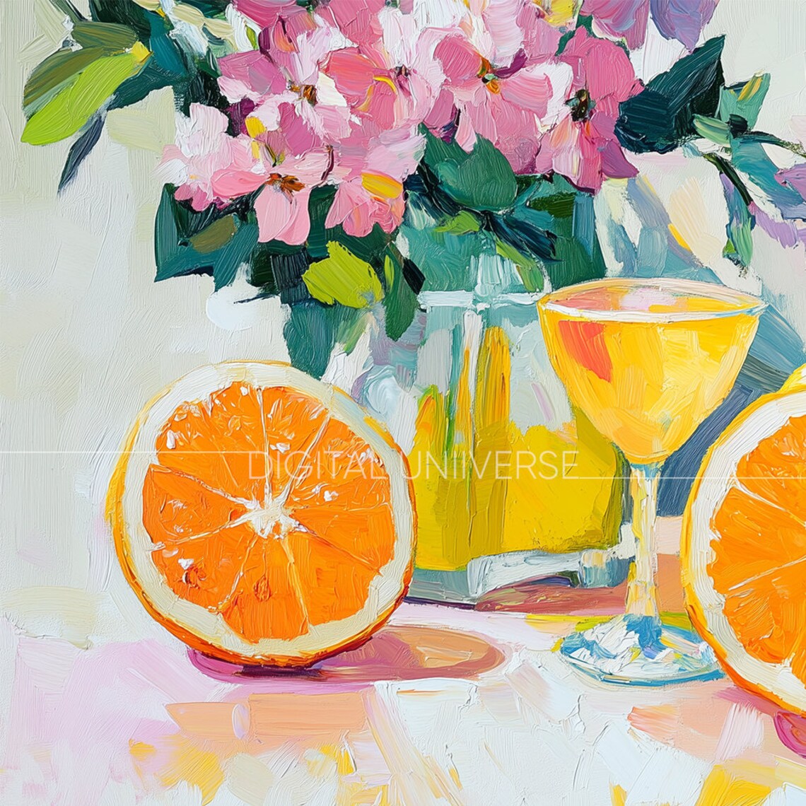 Sliced Oranges Cocktail Glass Flowers Impasto Still Life Painting Poster - Image 4