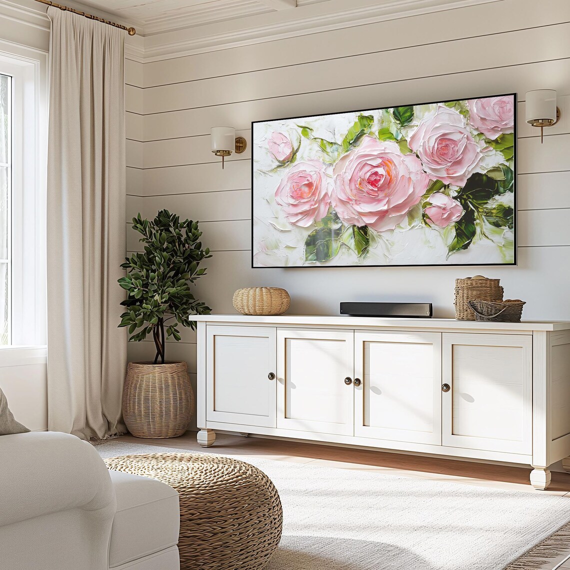 Blush Pink Roses Impasto Oil Painting Textured Floral Wall Art - Image 4