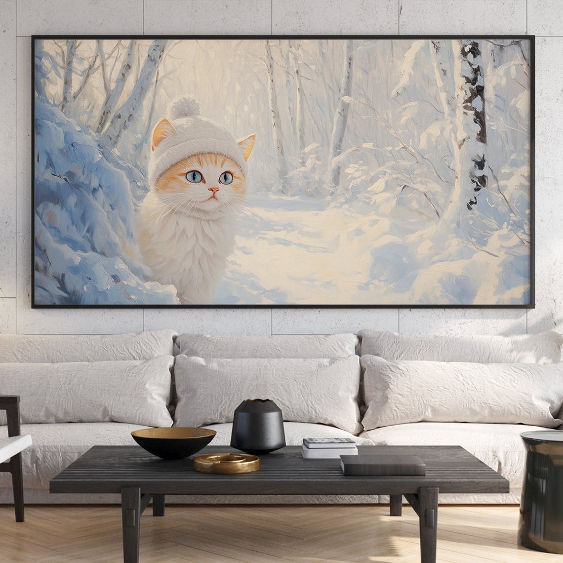 Cute White Kitten Knit Hat Snowy Winter Forest Painting Poster - Image 6