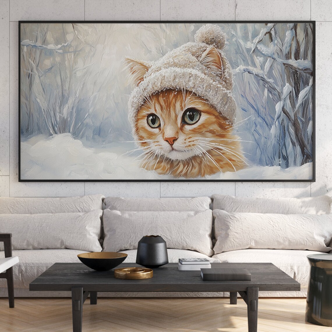 Cute Orange Kitten Knitted Hat Snowy Winter Forest Painting Poster - Image 6