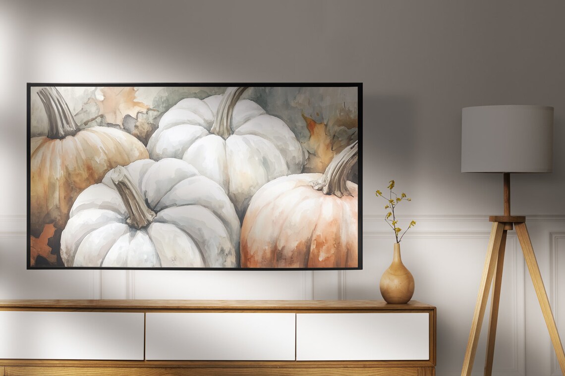 Watercolor White Pumpkins Peach Autumn Harvest Still Life Painting Poster - Image 7