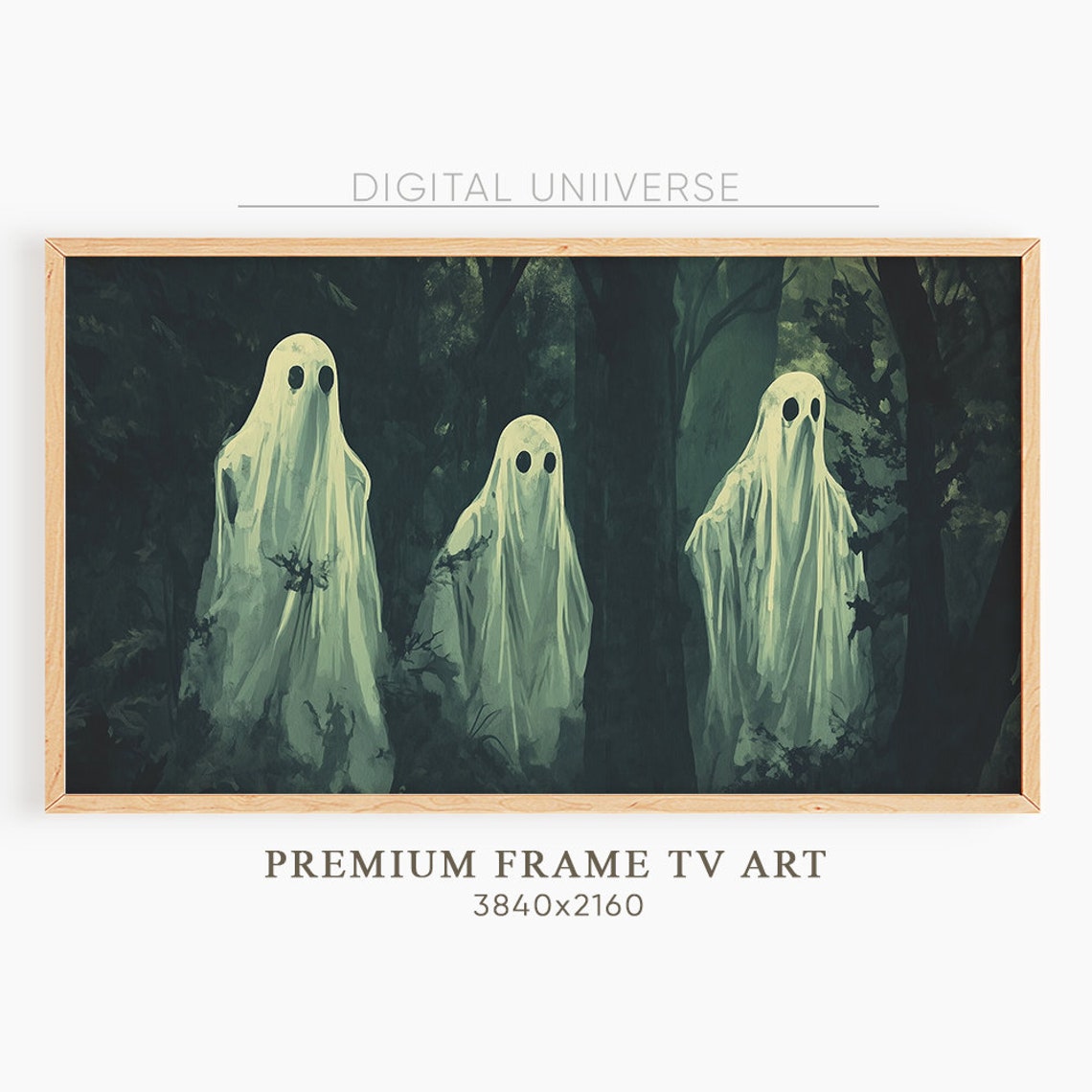 Three White Ghosts Dark Forest Moody Spooky Halloween Painting Poster