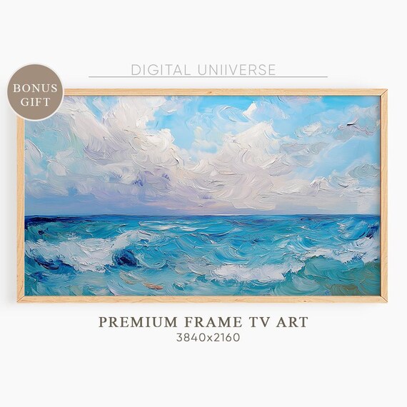 Turquoise Ocean and White Clouds Impasto Seascape Art Wall Art