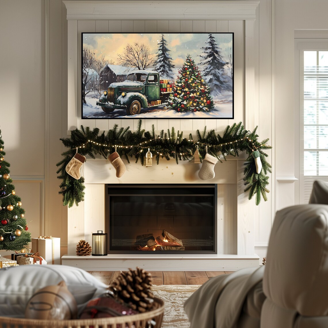Vintage Green Truck with Gifts and Christmas Tree Snowy Farm Poster - Image 7