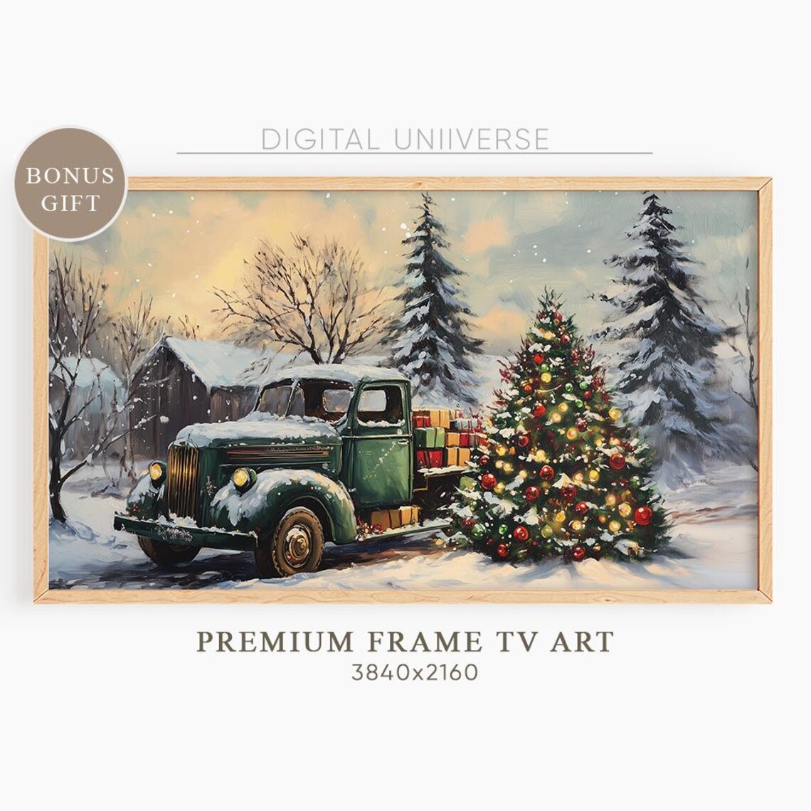 Vintage Green Truck with Gifts and Christmas Tree Snowy Farm Poster