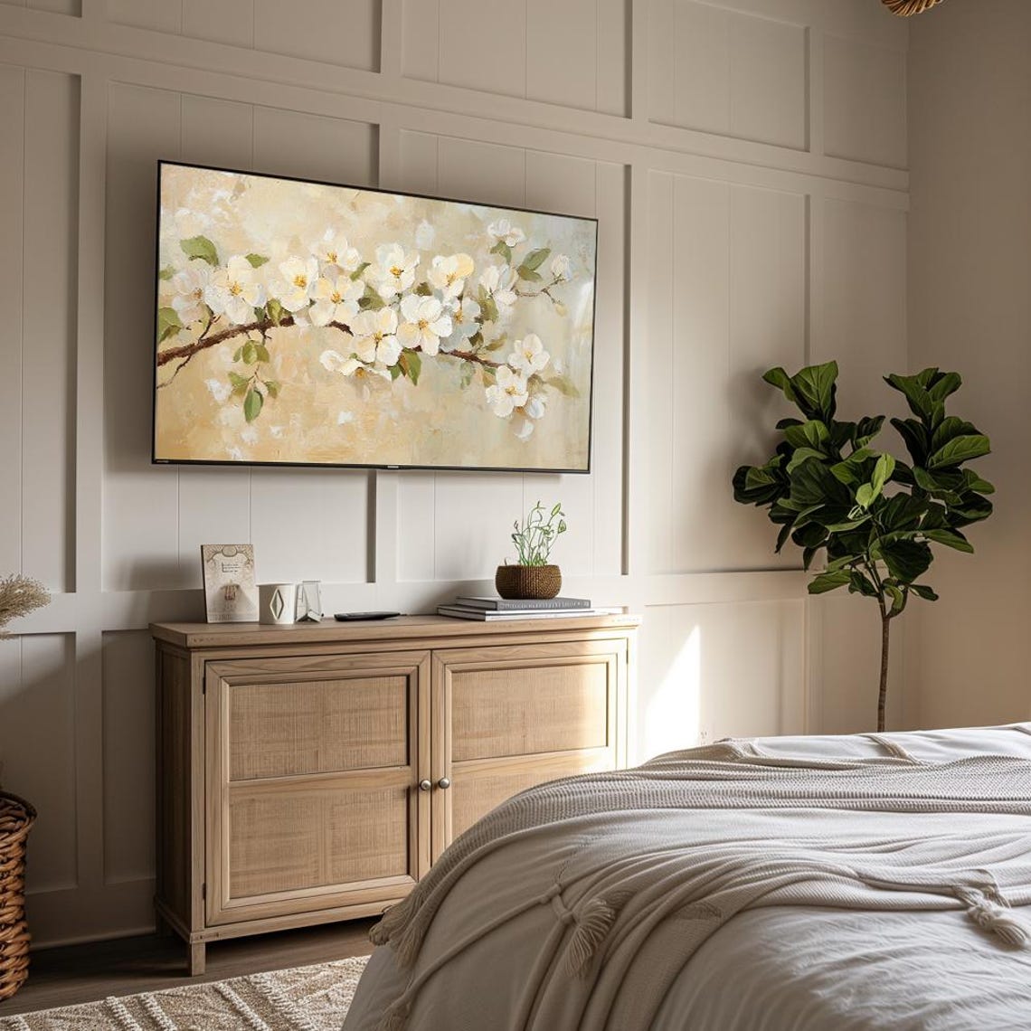 White Cherry Blossoms Branch Beige Impasto Floral Art Wall Art - Image 6
