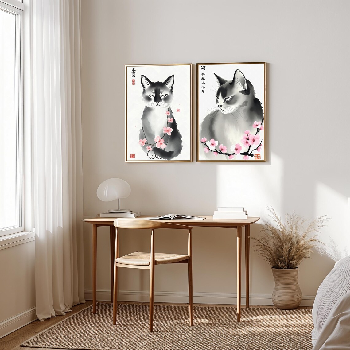 Japanese Cat Portraits, Sumi-E Style Zen Decor - Image 3