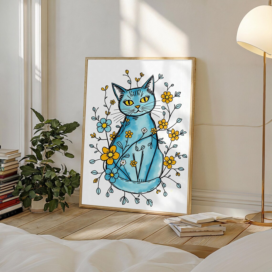Whimsical Floral Cat, Boho Nursery Wall Art - Image 2
