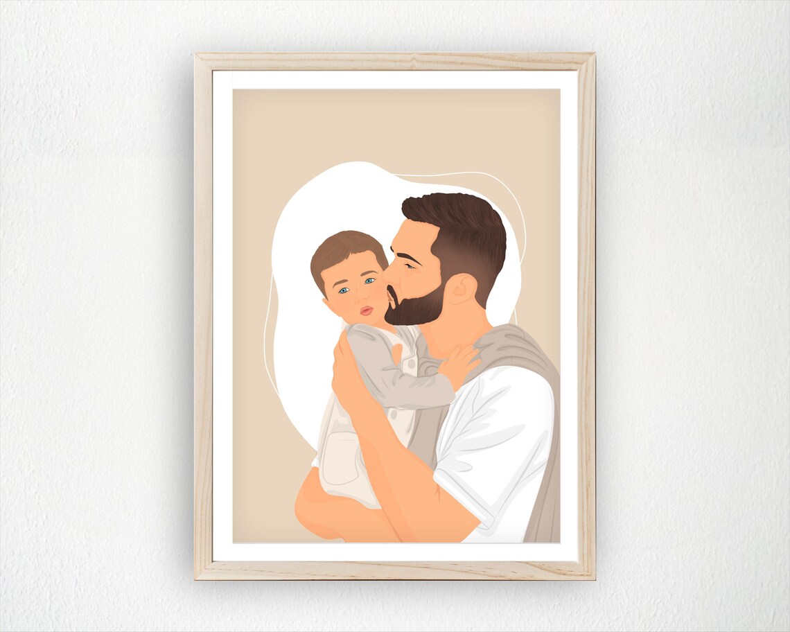 Custom Dad and Child Portrait Father Baby Kiss Gift Wall Art